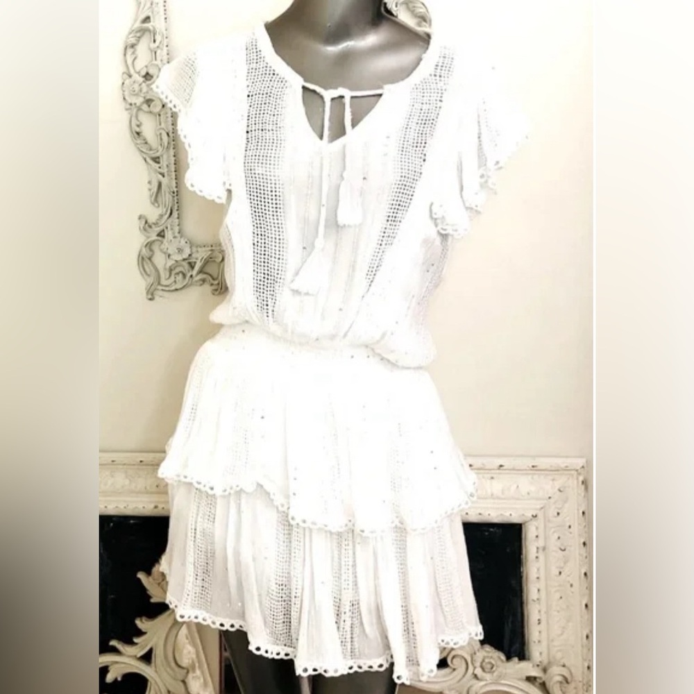 Surf Gypsy 💫 Ivory White Sequin Smocked Boho Coverup Mini Dress + Ruffles Sz Med - Picture 2 of 9